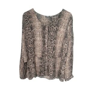 NY Collection Womens Grey Tan Snakeskin Animal Print V-Neck Long Sleeve Blouse L